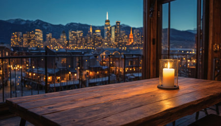 A candle in a restaurant with a view of the Seattle skyline.の素材