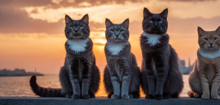 Three cats sit on the pier against the background of the sunset.の素材