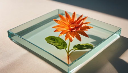 Orange flower in a glass vase on a white background with shadowの素材