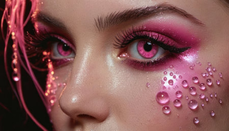 Close-up portrait of a beautiful girl with pink make-up and sparkles on her faceの素材