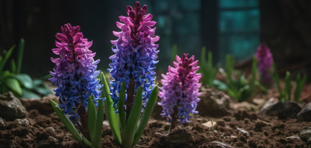 Colorful hyacinths growing in the garden. Spring flowersの素材