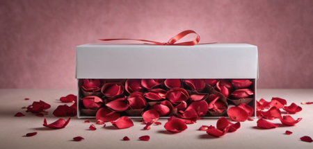 White gift box with red rose petals on the table. Valentines day backgroundの素材