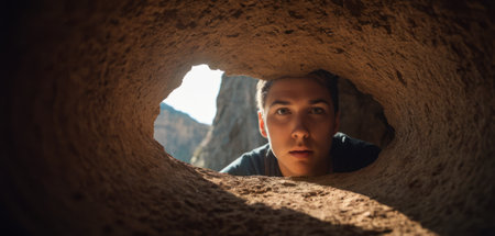 Young man looking through a hole in a stone wall in a caveの素材