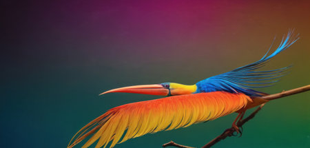 Tropical parrot on a branch against a colorful background.の素材