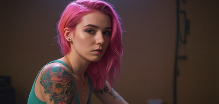 portrait of a beautiful girl with pink hair and tattoos on her armsの素材