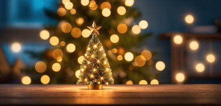 Christmas tree with golden star on wooden table and bokeh backgroundの素材