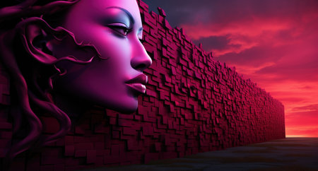 Digital Illustration of a Female Face Surrounded by Cubes at Sunsetの素材