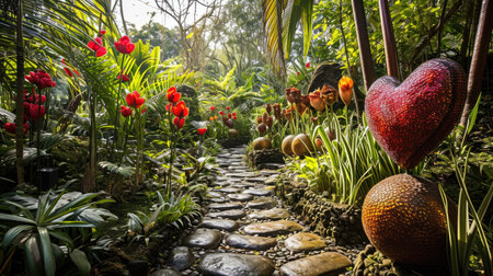 Tropical garden with red tulips and heart shaped decoration.の素材