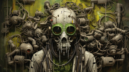 3D rendering of a robot in an abandoned and forgotten factory.の素材