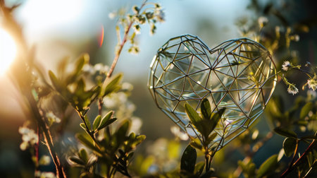 Heart made of glass on the background of green plants. Valentine's day concept.の素材