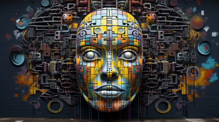 3D rendering of a female robot head with abstract graffiti on the wallの素材