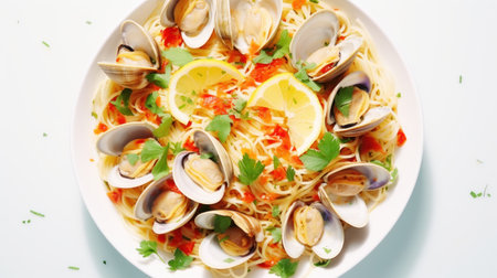 Spaghetti with clams, parsley and lemon on white backgroundの素材