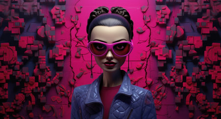 3D rendering of a female figure in pink sunglasses and a blue jacketの素材