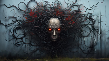 3d illustration of a scary zombie face with blood splashes on a wallの素材