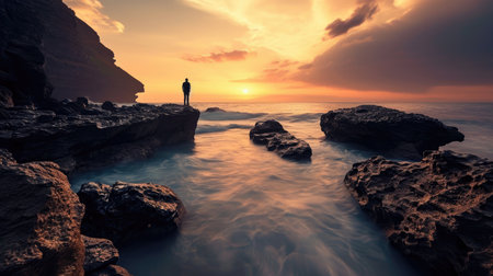 Man standing on a rock and looking at the sea at sunset.の素材
