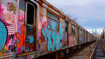 New York City Subway train with graffiti. NYC Subway is one of the oldest systems in the world.の素材