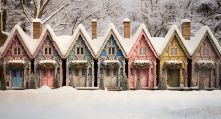 Wooden houses covered with snow in the winter. Christmas decoration.の素材