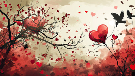 Valentine's day background with hearts and birds. Vector illustration.の素材