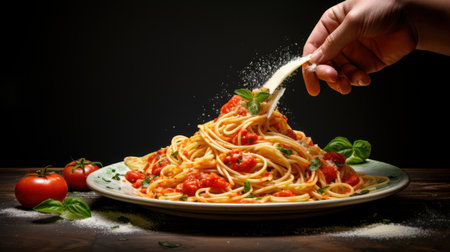 Spaghetti pasta with tomato sauce, basil and parmesan cheese on wooden tableの素材