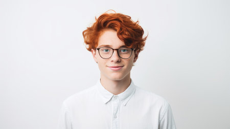 Portrait of a young red-haired man with glasses on a white backgroundの素材