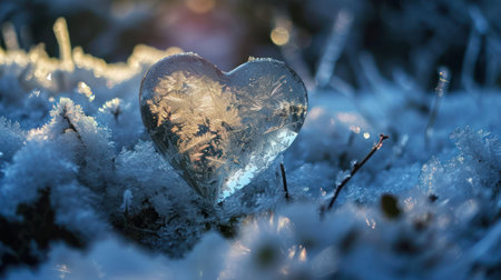 Heart in the snow on a frosty morning. Winter background.の素材