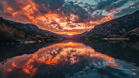 Beautiful sunset over a lake in the mountains. Montenegro.の素材