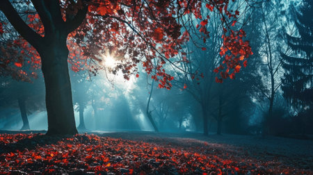 Autumn forest in fog with sun rays shining through tree trunksの素材