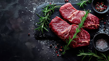 Raw beef steak with rosemary, salt and pepper on black backgroundの素材