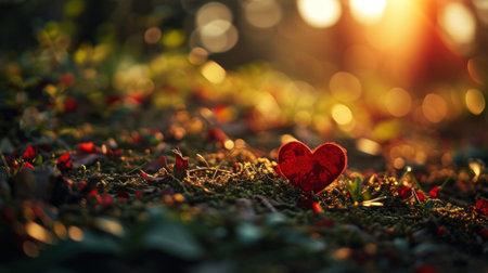 Red heart on green moss with bokeh background. Valentines day conceptの素材