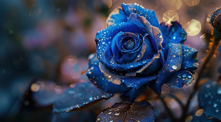 Beautiful blue rose with dew drops on a dark background.の素材
