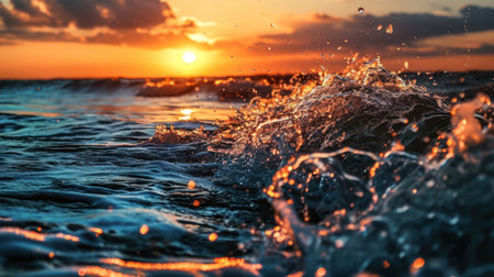 Splashes of water on a background of the setting sun in the sea.の素材