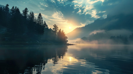 Sunrise over a lake with fog and trees reflected in the waterの素材