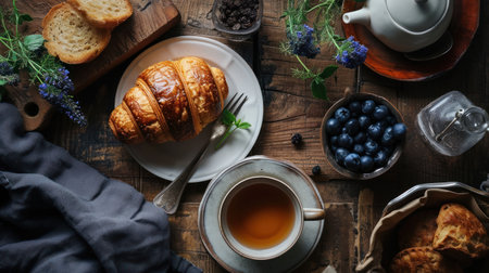 Breakfast with coffee and croissants on a wooden table.の素材
