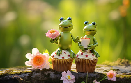 Cupcake with frog and flower on nature background, soft focusの素材