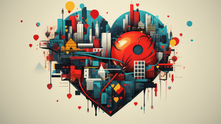 Heart shape with cityscape background. 3d rendering toned image double exposureの素材