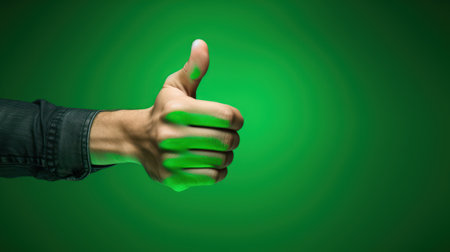 Close up of human hand gesturing thumbs up over green background.の素材