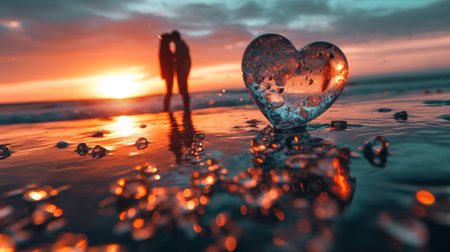 Valentine's day concept. Silhouette of a man and heart on the beach at sunset.の素材