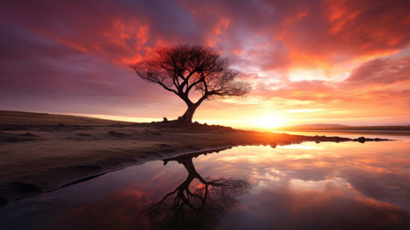 Lonely tree on the beach at sunset. Beauty in nature.の素材