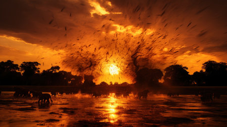Beautiful sunset over the lake with flock of cows in the foregroundの素材