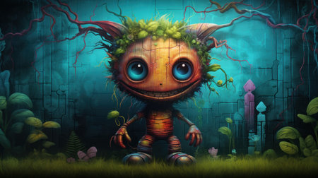 Monster in the green grass. Halloween concept. 3D rendering.の素材