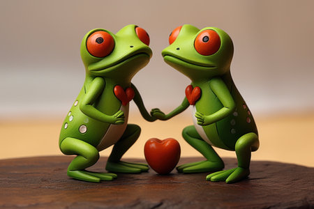 Two green frogs holding a red heart on a wooden table with copy spaceの素材