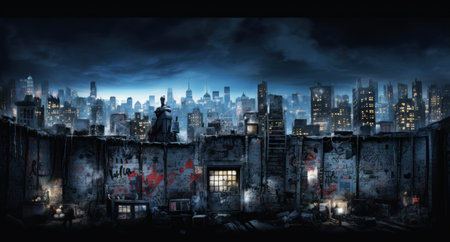 Ruined city at night as a disaster concept. 3D renderingの素材