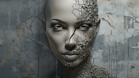 3d rendering of a female face with cracked skin on a grunge backgroundの素材