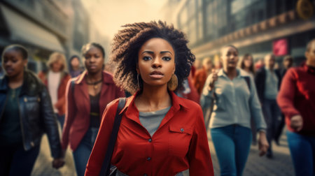 african american woman with afro hairstyle walking in cityの素材