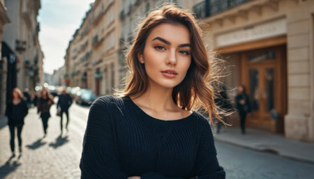 Portrait of a beautiful young woman in a black sweater on the streetの素材