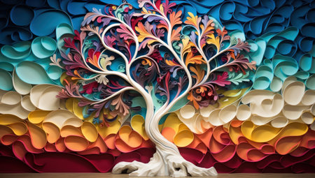 Colorful carving art on the wall in the form of a treeの素材