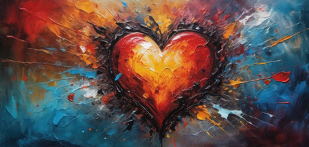 abstract red heart on a background of blue and orange paint.の素材