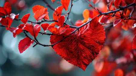 Red leaves in the form of a heart on a tree branch.の素材