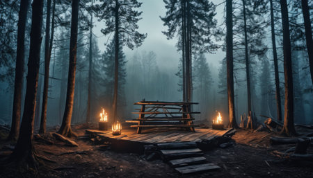 Wooden table in the forest with a burning candle in the nightの素材