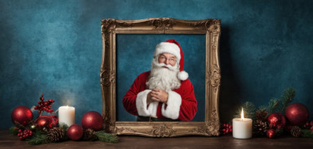 Santa Claus sitting at the wooden table in front of a picture frameの素材